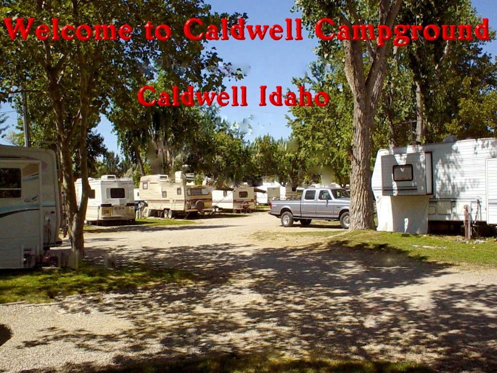 Welcome to Caldwell Campground, Caldwell Idaho: RVs and trailers parked under tall shade trees along a gravel road